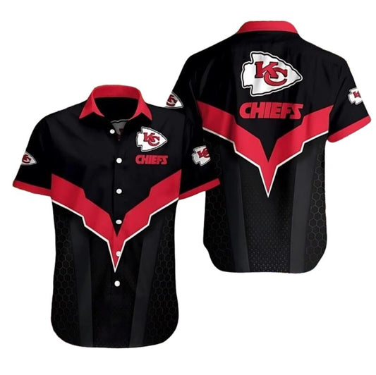 Kansas City Chiefs Black Hexagon Chevron Graphic Hawaiian Shirt - Unisex - Moonbestprint
