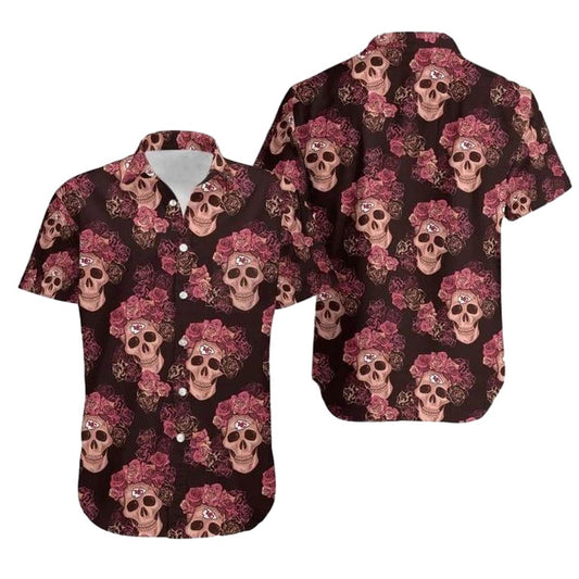 Kansas City Chiefs Graphic Unisex Hawaiian Shirt With Skull & Flower Design - Moonbestprint