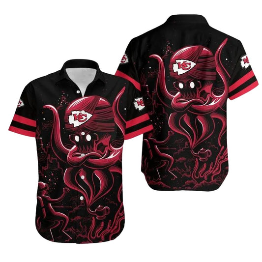 Kansas City Chiefs Black Octopus Graphic Hawaiian Shirt Unisex Aloha Tee - Moonbestprint