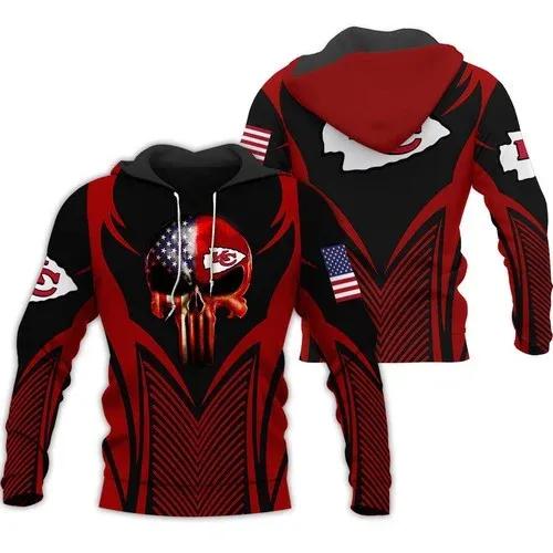 Kansas City Chiefs Patriotic Punisher Skull Kansas City Chiefs NFL 3D All Over Print Hoodie -Moonbestprint
