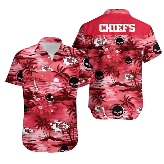 Kansas City Chiefs Red Tropical Sunset Skull Graphic Hawaiian Shirt - Unisex - Moonbestprint
