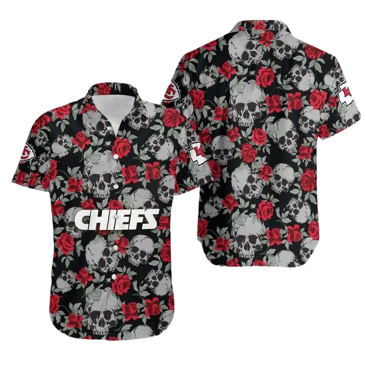 Kansas City Chiefs Graphic Printed Unisex Hawaiian Shirt With Roses & Skull - Moonbestprint