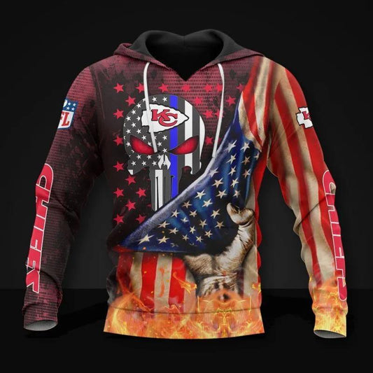 Kansas City Chiefs Skull American Flag NFL 3D All Over Print Hoodie -Moonbestprint