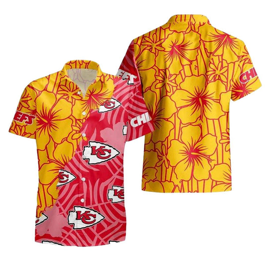 Kansas City Chiefs Red & Yellow Tropical Flowers Hawaiian Shirt Unisex Graphic Tee - Moonbestprint