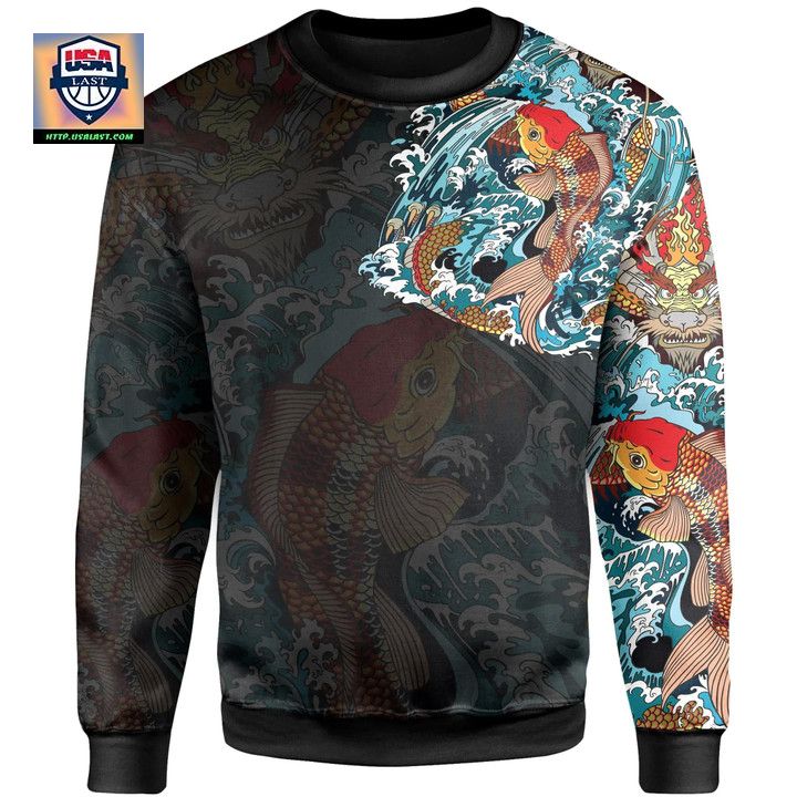 Koi Fish And Golden Dragon Tattoo Style Sweater A7 ? Usalast