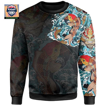 Koi Fish And Golden Dragon Tattoo Style Sweater A7 ? Usalast