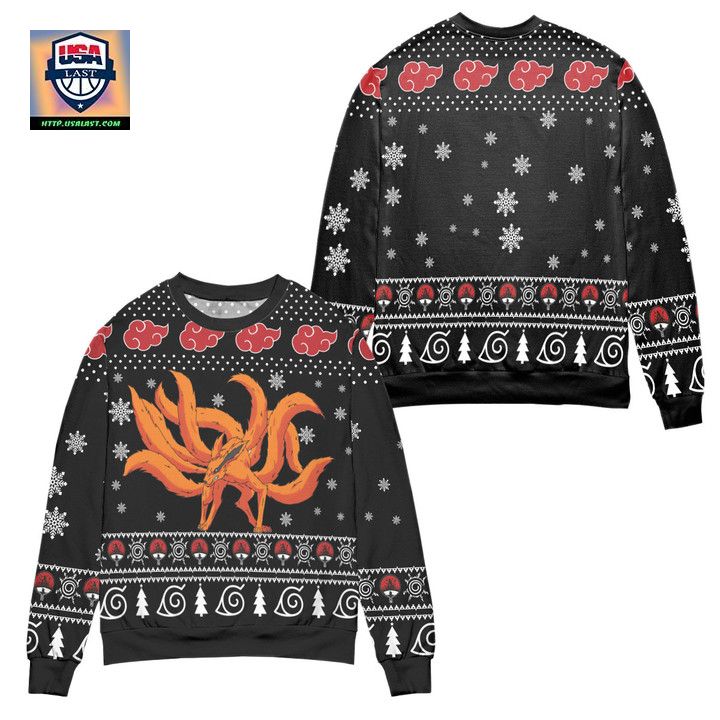 Kurama Naruto Akatsuki Logo Snowflake Ugly Christmas Sweater ? Black ? Usalast