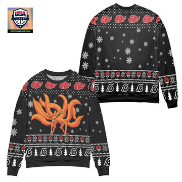 Kurama Naruto Akatsuki Logo Snowflake Ugly Christmas Sweater ? Black ? Usalast