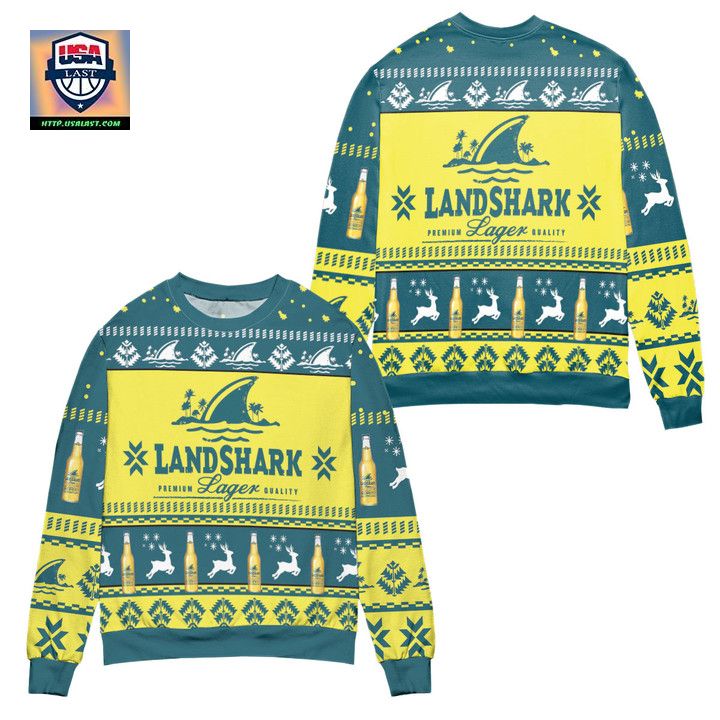Landshark Lager Beer Logo Reindeer Pattern Ugly Christmas Sweater ? Yellow Blue ? Usalast