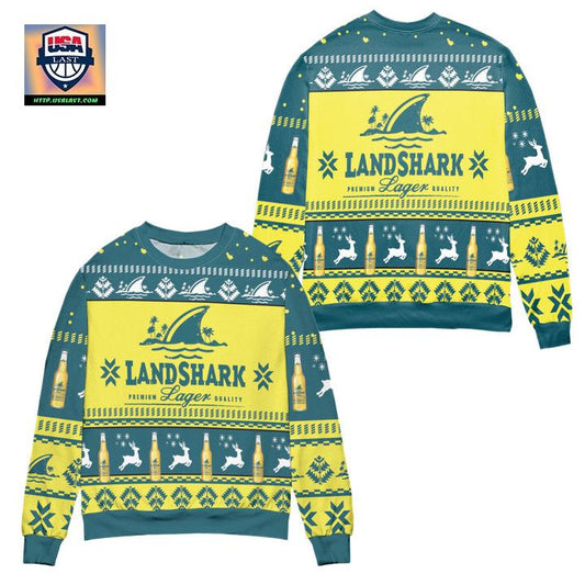 Landshark Lager Beer Logo Reindeer Pattern Ugly Christmas Sweater ? Yellow Blue ? Usalast