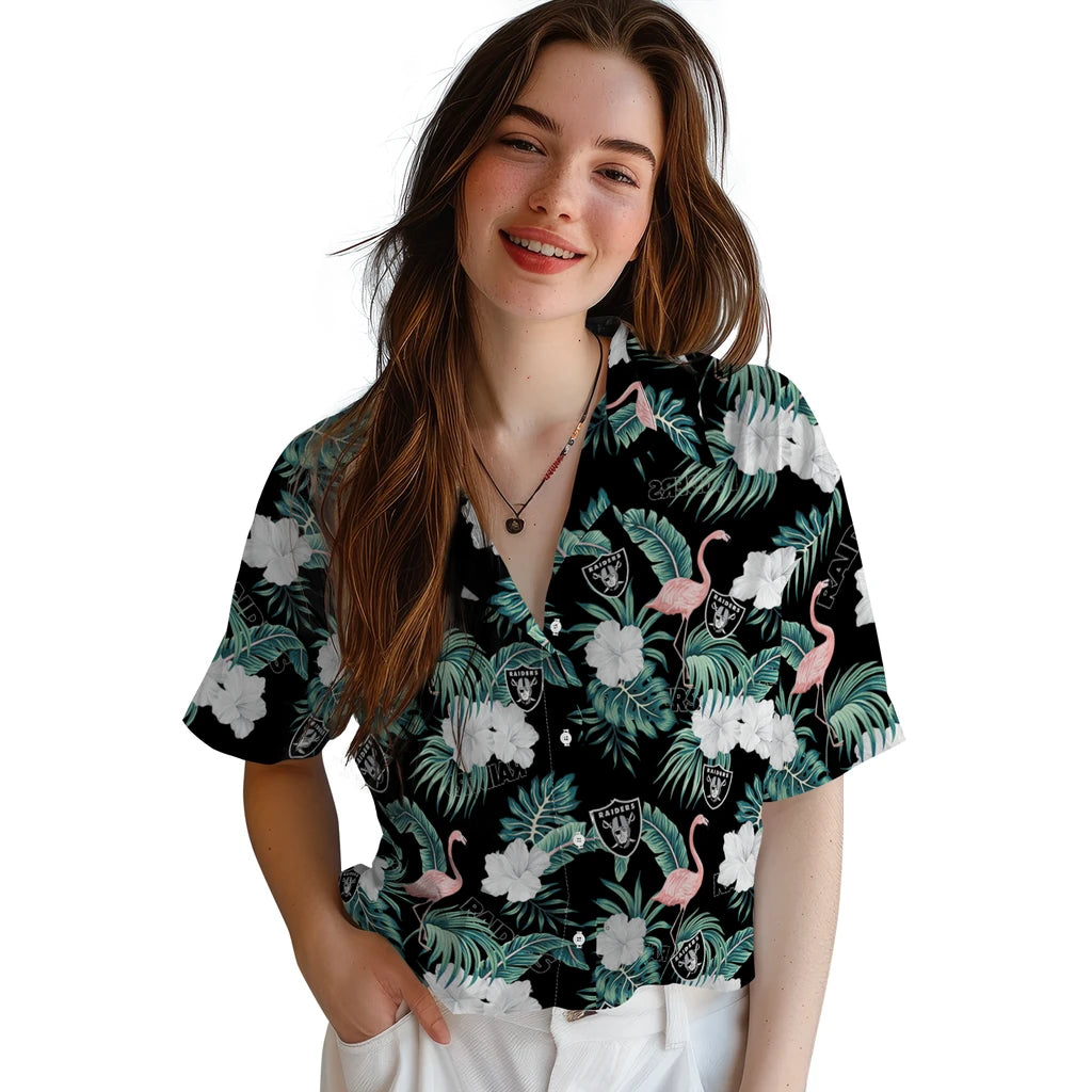 Las Vegas Raiders Hawaiian Shirt - Flamingo and Hibiscus | Moonbestprint