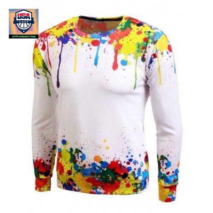 Long Sleeve Paint Splash Print Crew Neck Sweater ? White Xl Sh4165 ? Usalast