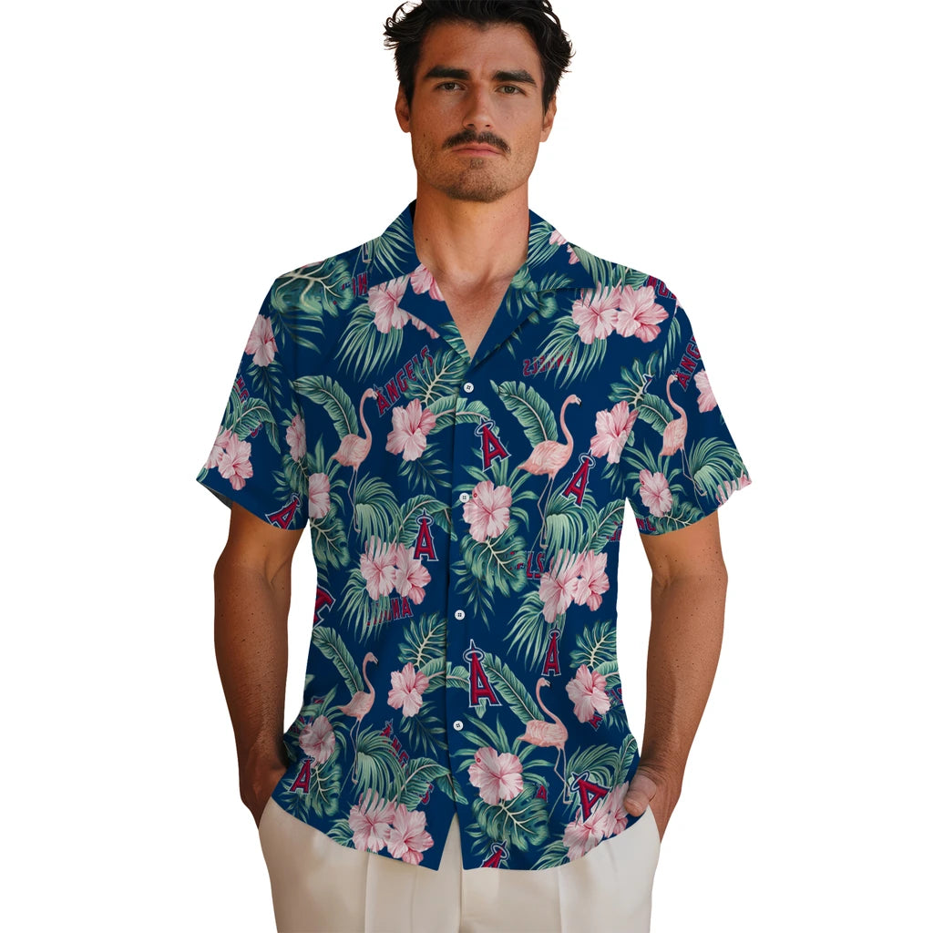 Los Angeles Angels Hawaiian Shirt - Flamingo and Hibiscus | Moonbestprint