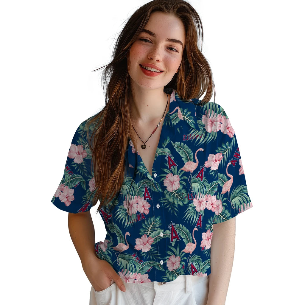 Los Angeles Angels Hawaiian Shirt - Flamingo and Hibiscus | Moonbestprint