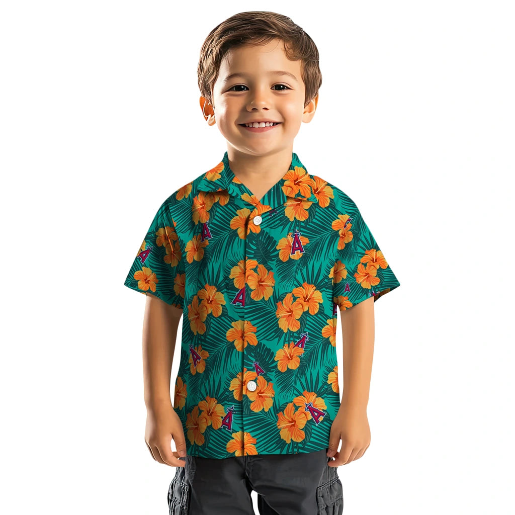 Los Angeles Angels Hawaiian Shirt - Hibiscus and Palm Leaves | Moonbestprint
