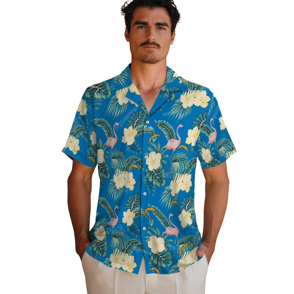 Los Angeles Chargers Hawaiian Shirt - Flamingo and Hibiscus | Moonbestprint