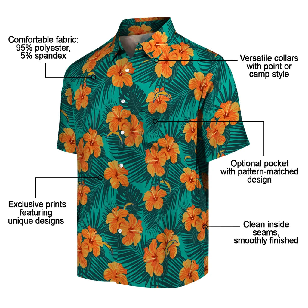Los Angeles Chargers Hawaiian Shirt - Hibiscus and Palm Leaves | Moonbestprint