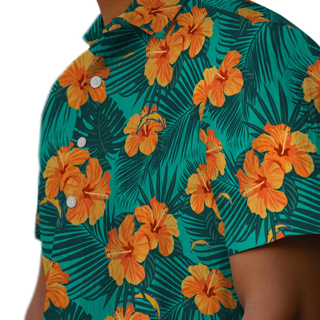 Los Angeles Chargers Hawaiian Shirt - Hibiscus and Palm Leaves | Moonbestprint