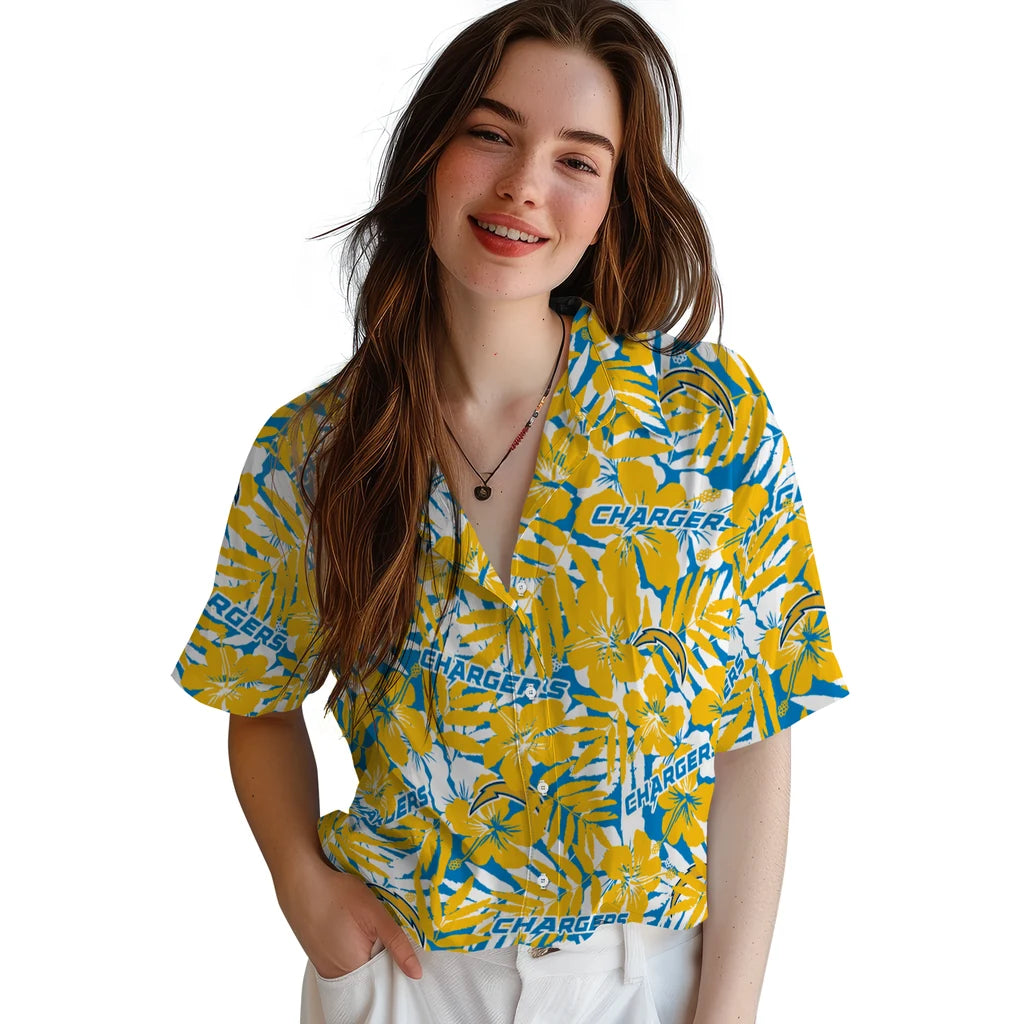 Los Angeles Chargers Hawaiian Shirt - Hibiscus Overlay | Moonbestprint