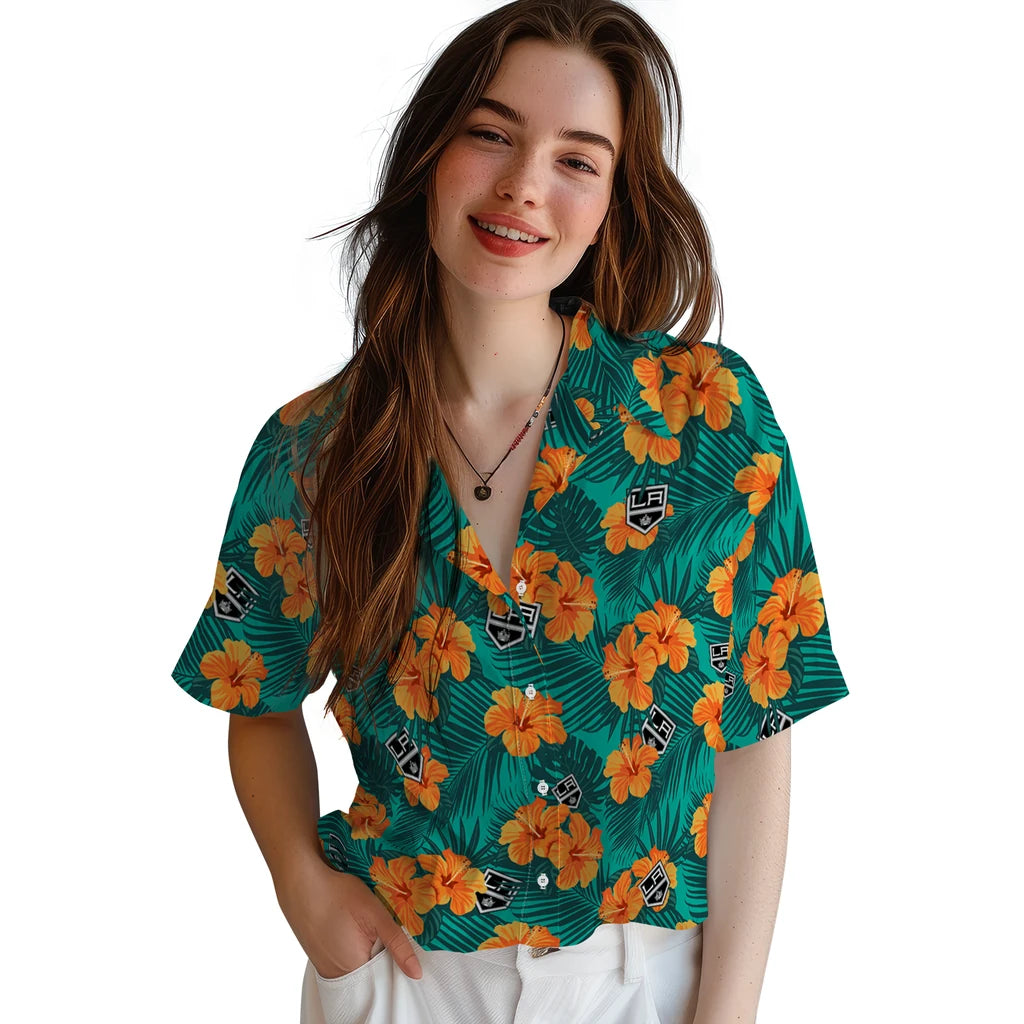 Los Angeles Kings Hawaiian Shirt - Hibiscus and Palm Leaves | Moonbestprint