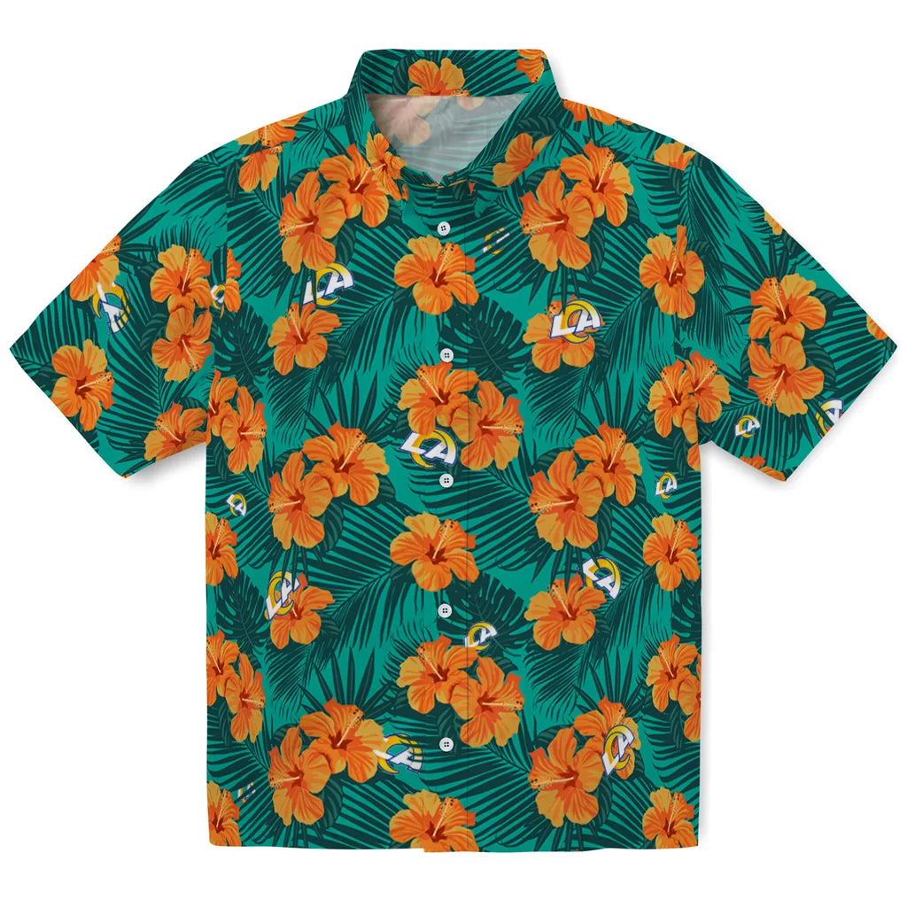 Los Angeles Rams Hawaiian Shirt - Hibiscus and Palm Leaves | Moonbestprint