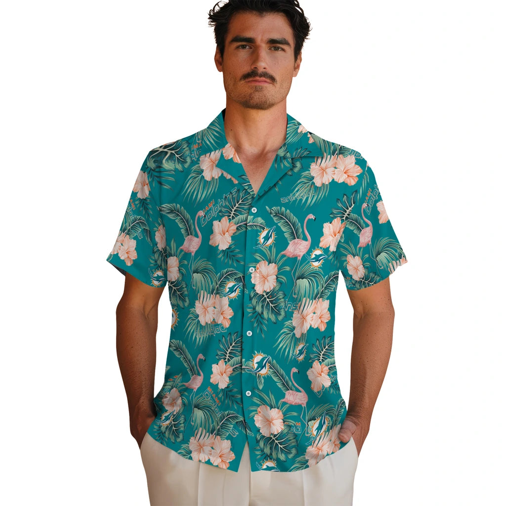 Miami Dolphins Hawaiian Shirt - Flamingo and Hibiscus | Moonbestprint