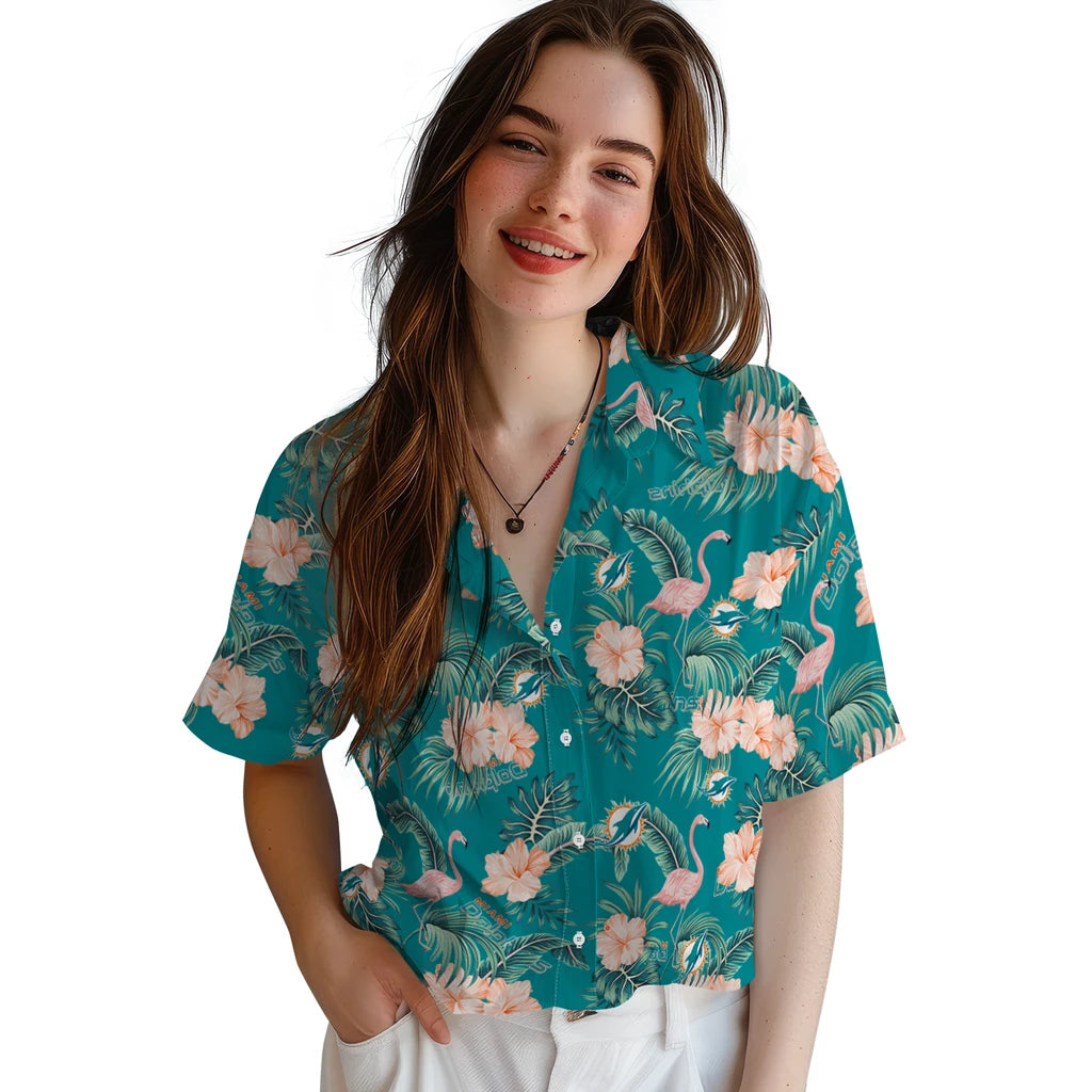 Miami Dolphins Hawaiian Shirt - Flamingo and Hibiscus | Moonbestprint