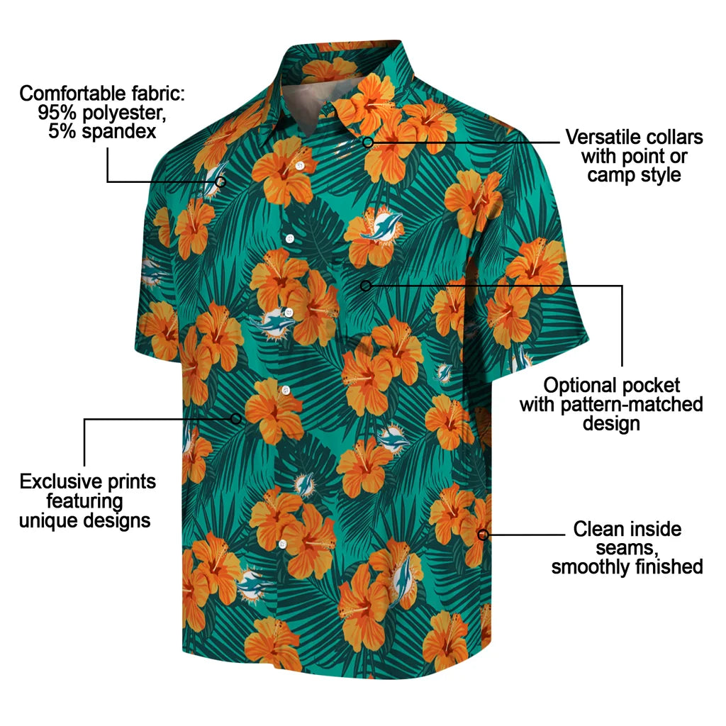 Miami Dolphins Hawaiian Shirt - Hibiscus and Palm Leaves | Moonbestprint