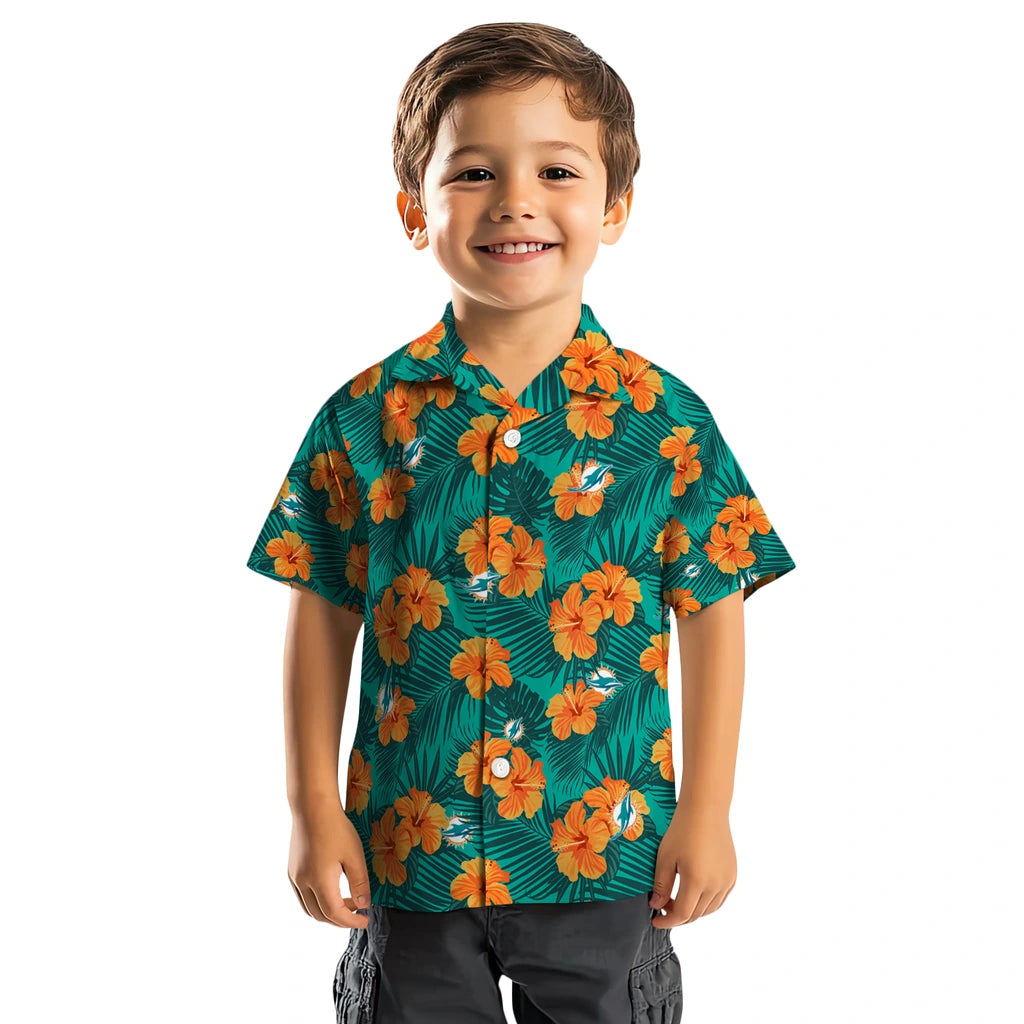 Miami Dolphins Hawaiian Shirt - Hibiscus and Palm Leaves | Moonbestprint