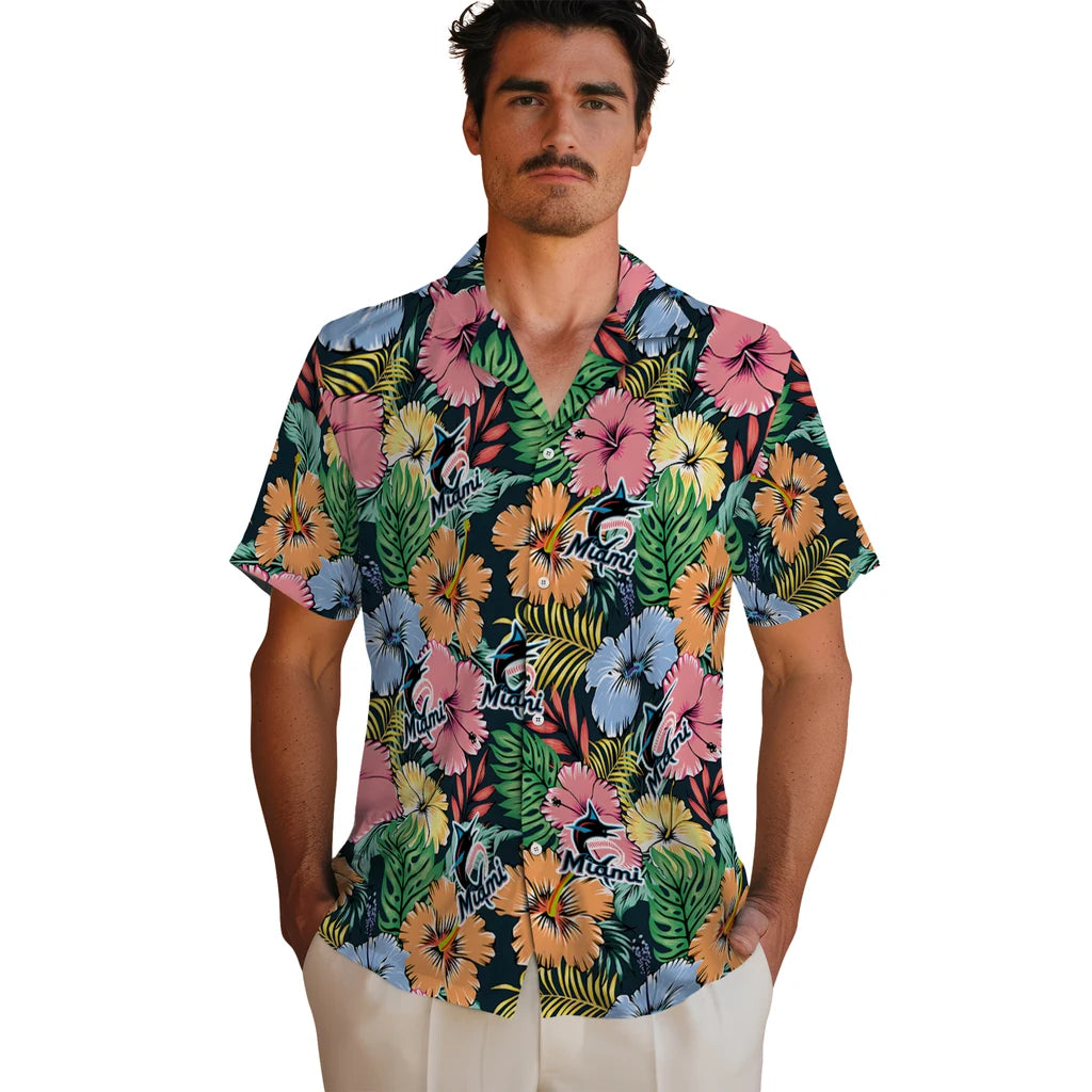 Miami Marlins Hawaiian Shirt - Brilliant Hibiscus Garden | Moonbestprint