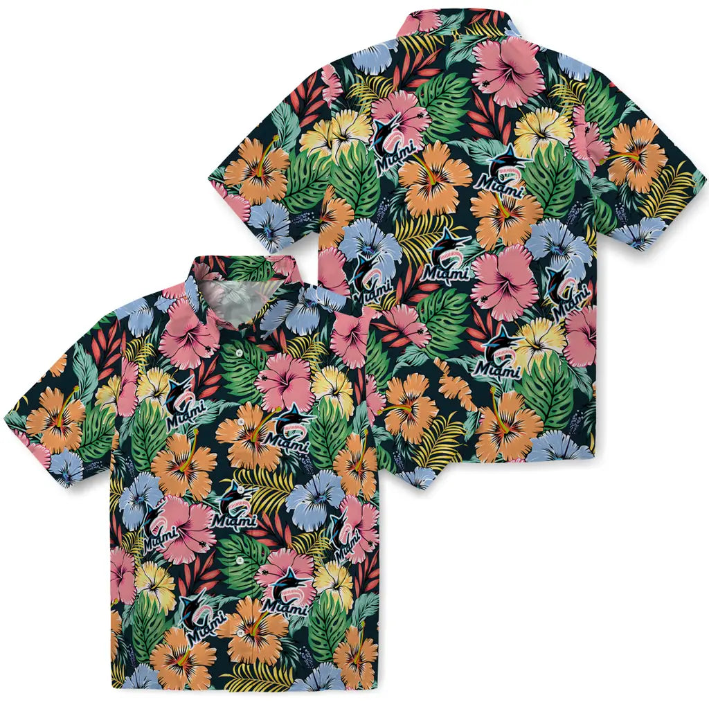 Miami Marlins Hawaiian Shirt - Brilliant Hibiscus Garden | Moonbestprint