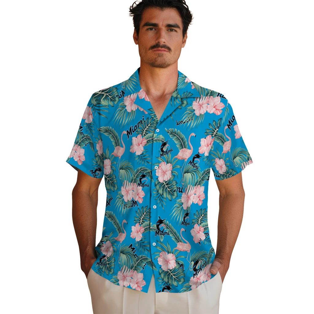 Miami Marlins Hawaiian Shirt - Flamingo and Hibiscus | Moonbestprint