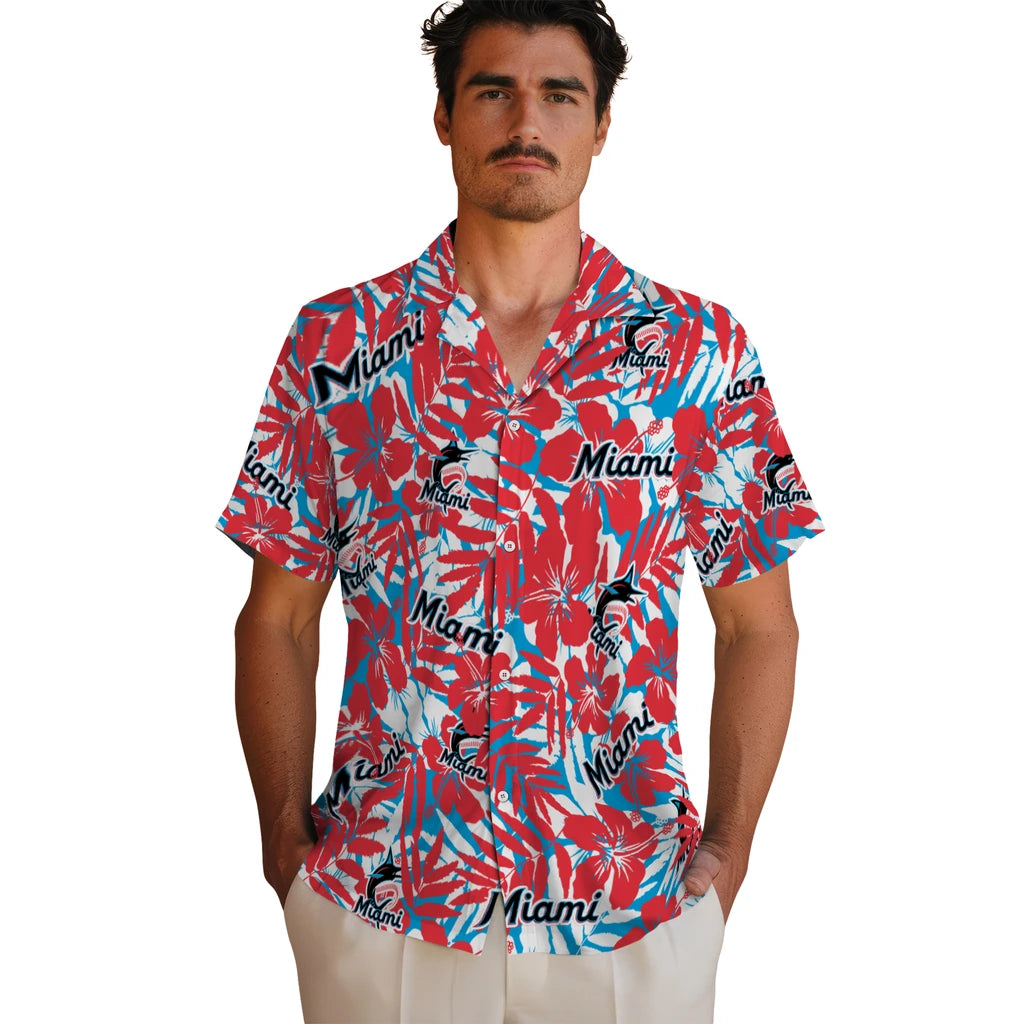 Miami Marlins Hawaiian Shirt - Hibiscus Overlay | Moonbestprint