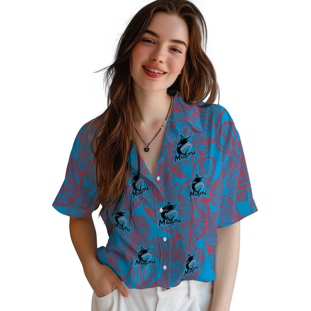 Miami Marlins Hawaiian Shirt - Leaf Outline | Moonbestprint
