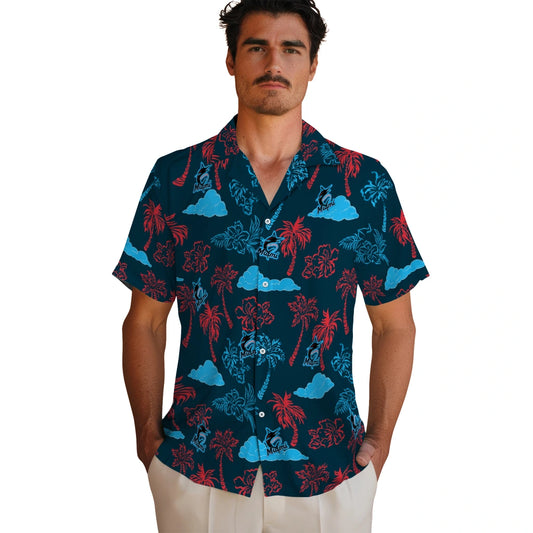 Miami Marlins Hawaiian Shirt - Palm And Clouds | Moonbestprint