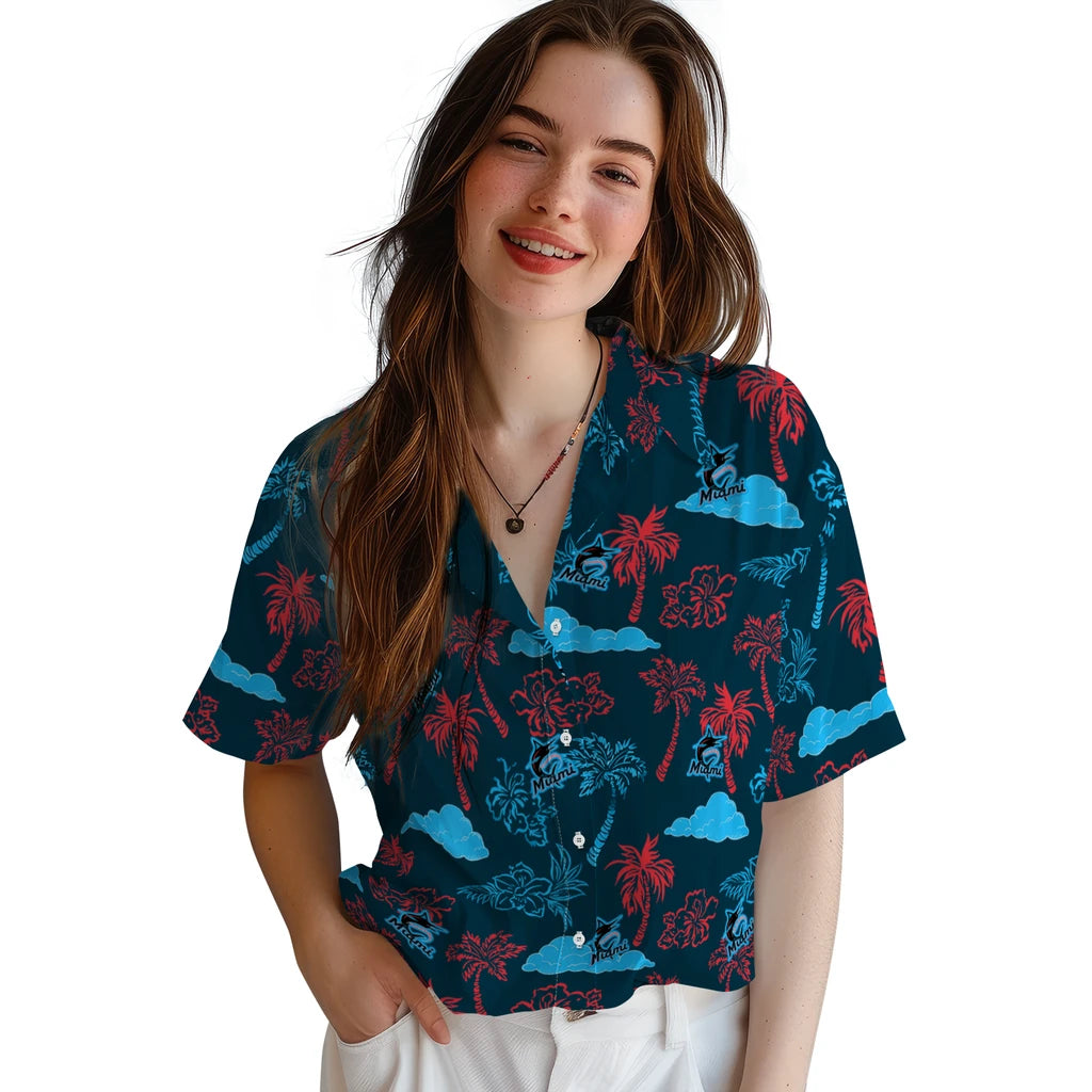 Miami Marlins Hawaiian Shirt - Palm And Clouds | Moonbestprint