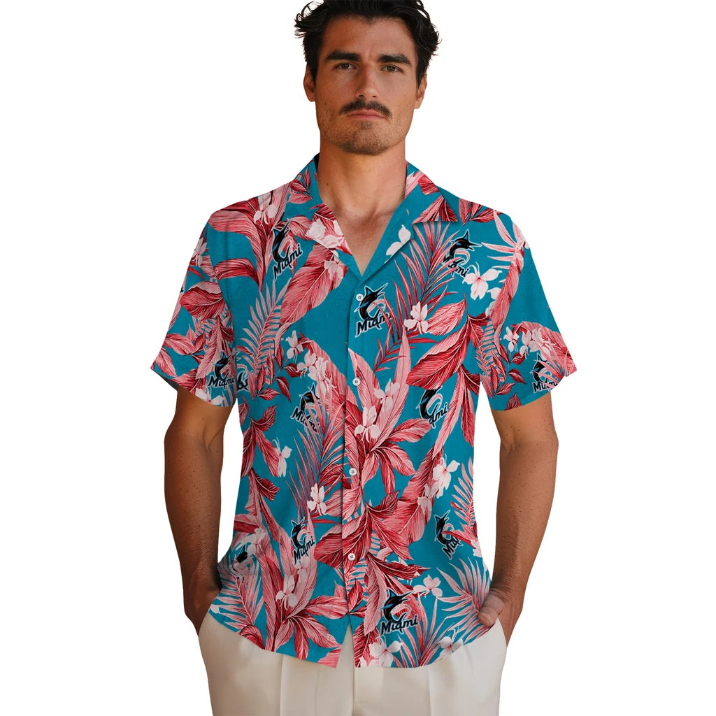 Miami Marlins Hawaiian Shirt - Palm Leaves | Moonbestprint