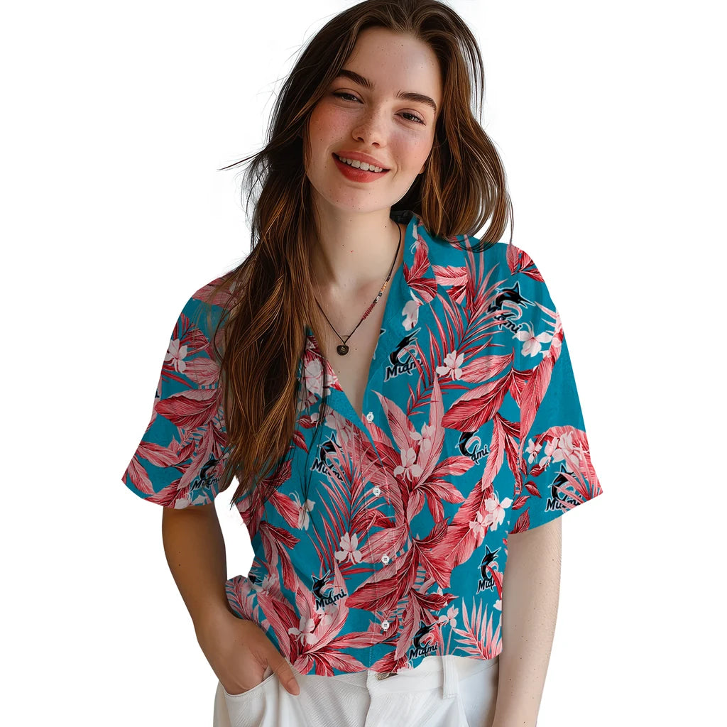 Miami Marlins Hawaiian Shirt - Palm Leaves | Moonbestprint