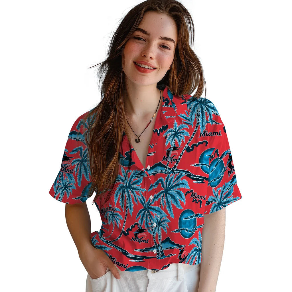 Miami Marlins Hawaiian Shirt - Palm Sunset | Moonbestprint