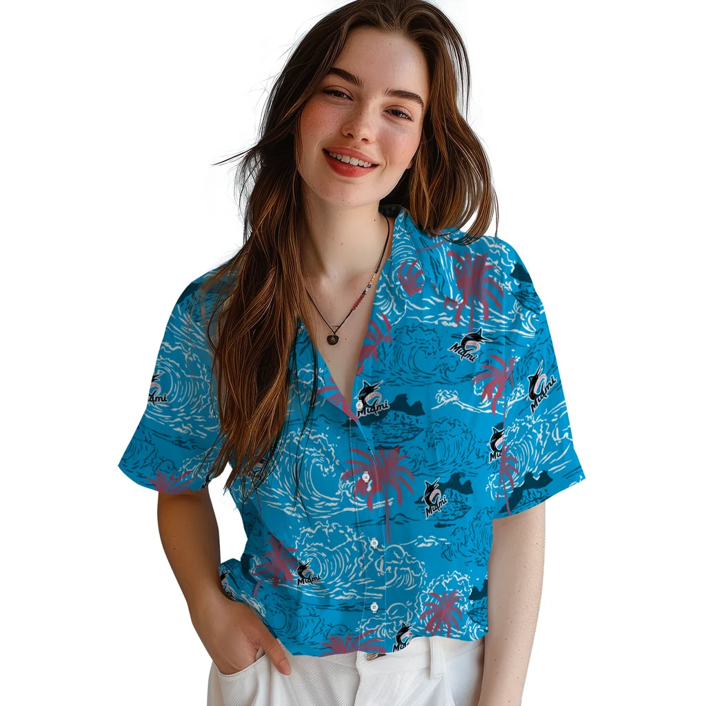 Miami Marlins Hawaiian Shirt - Wave Palm | Moonbestprint