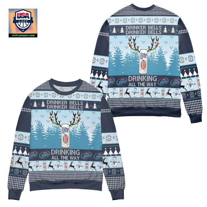 Miller Lite Drinker Bells Drinking All The Way Ugly Christmas Sweater ? Blue ? Usalast