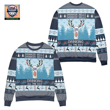 Miller Lite Drinker Bells Drinking All The Way Ugly Christmas Sweater ? Blue ? Usalast