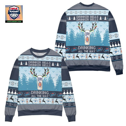 Miller Lite Drinker Bells Drinking All The Way Ugly Christmas Sweater ? Blue ? Usalast