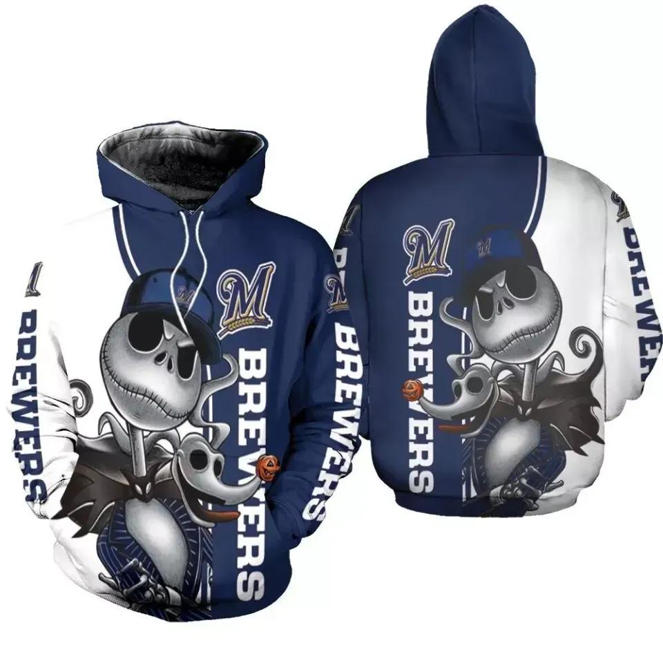 Milwaukee Baseball Team Jack Skellington And Zero 3D MLB All Over Print Hoodie -Moonbestprint