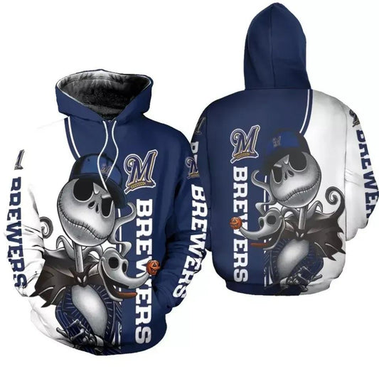 Milwaukee Baseball Team Jack Skellington And Zero 3D MLB All Over Print Hoodie -Moonbestprint