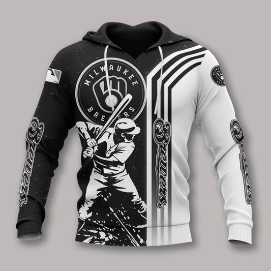 Milwaukee Brewers Black And White MLB All Over Print Hoodie -Moonbestprint