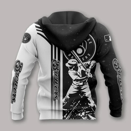 Milwaukee Brewers Black And White MLB All Over Print Hoodie -Moonbestprint