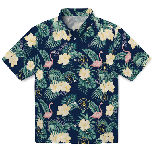 Milwaukee Brewers Hawaiian Shirt - Flamingo and Hibiscus | Moonbestprint