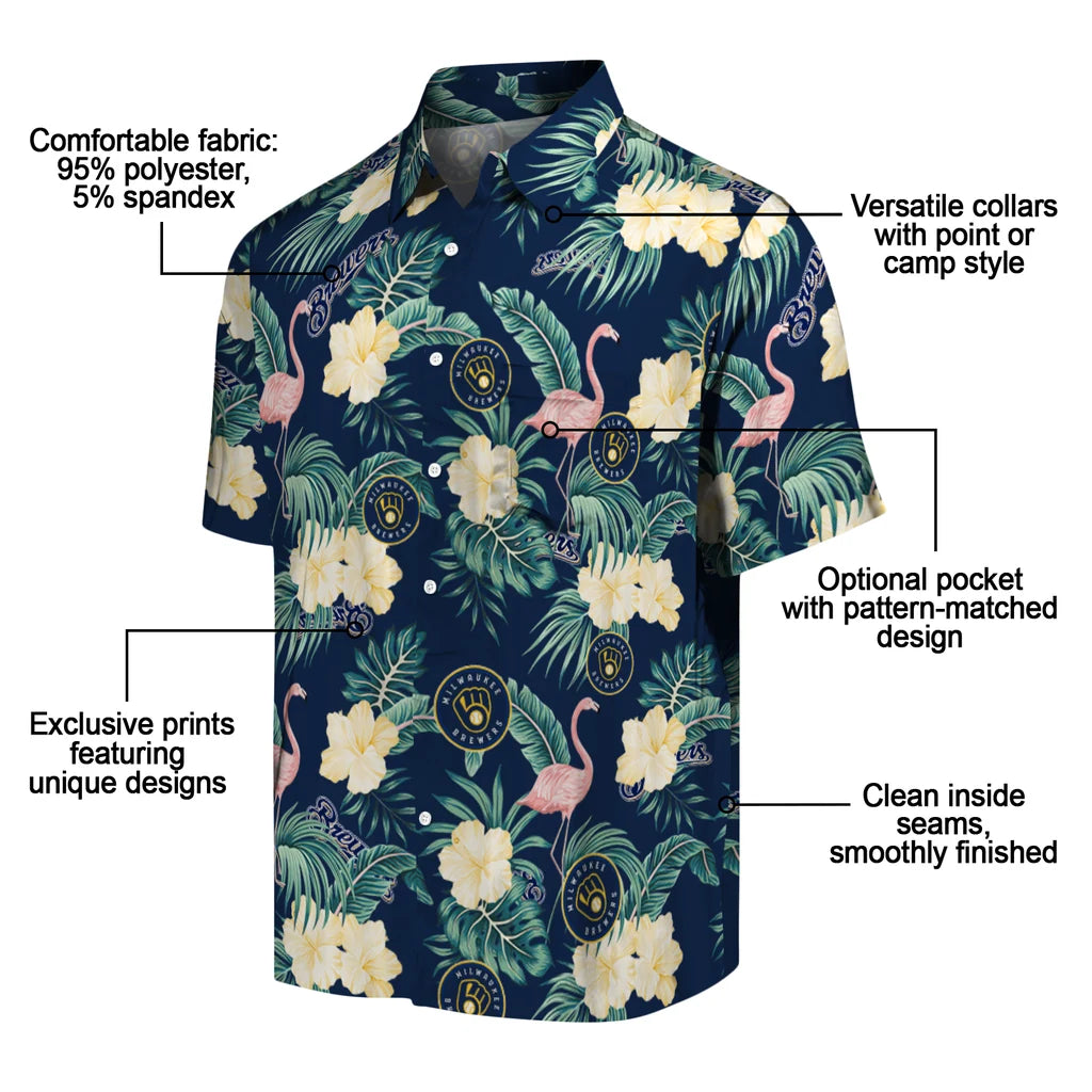 Milwaukee Brewers Hawaiian Shirt - Flamingo and Hibiscus | Moonbestprint