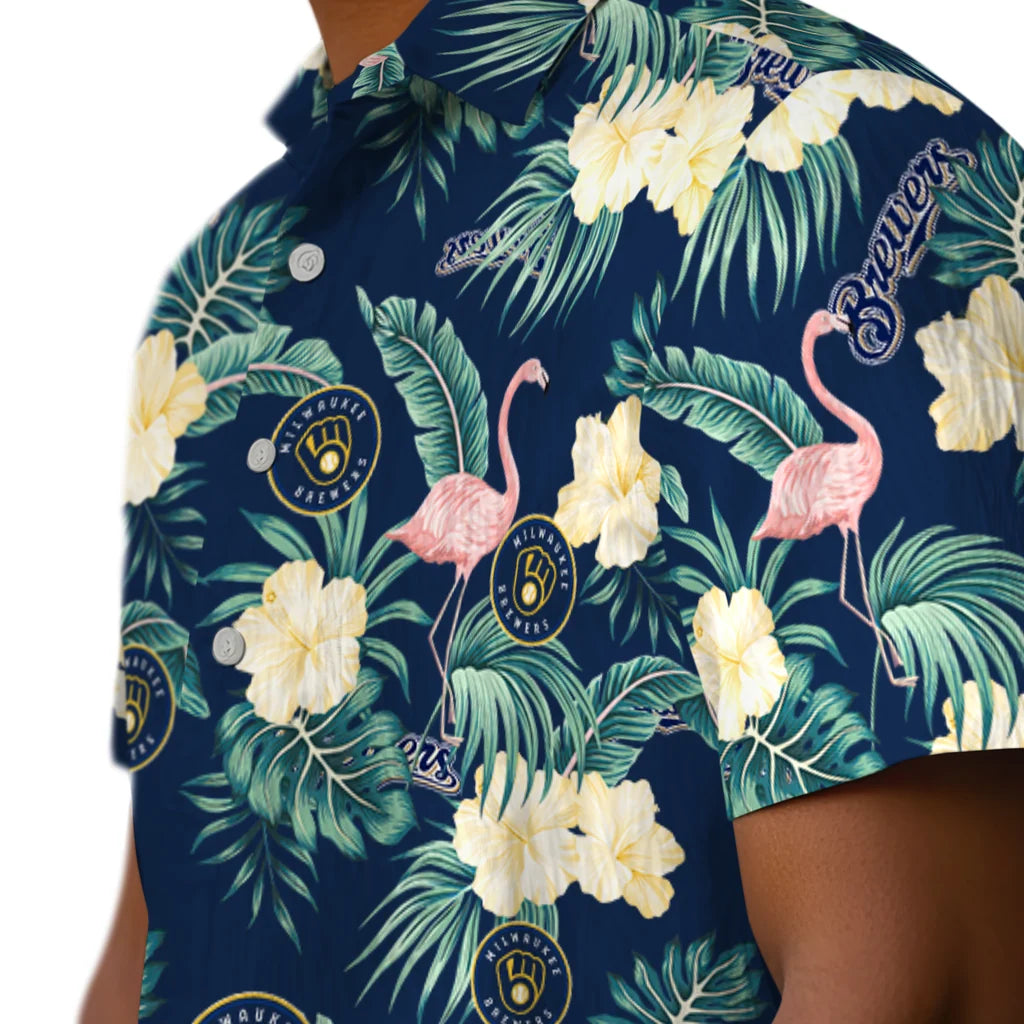 Milwaukee Brewers Hawaiian Shirt - Flamingo and Hibiscus | Moonbestprint